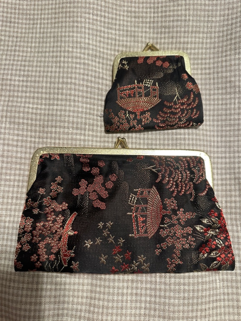Vintage Black Brocade Clutch and Coin Purse Set - Elegant Floral Pattern